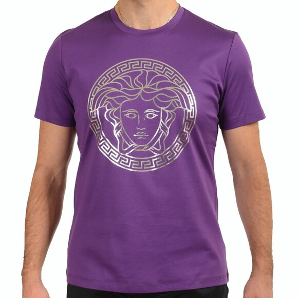 Versace Men's Purple&Silver Medusa Logo Print Short Sleeve T-Shirt US L IT 52 - Picture 1 of 6